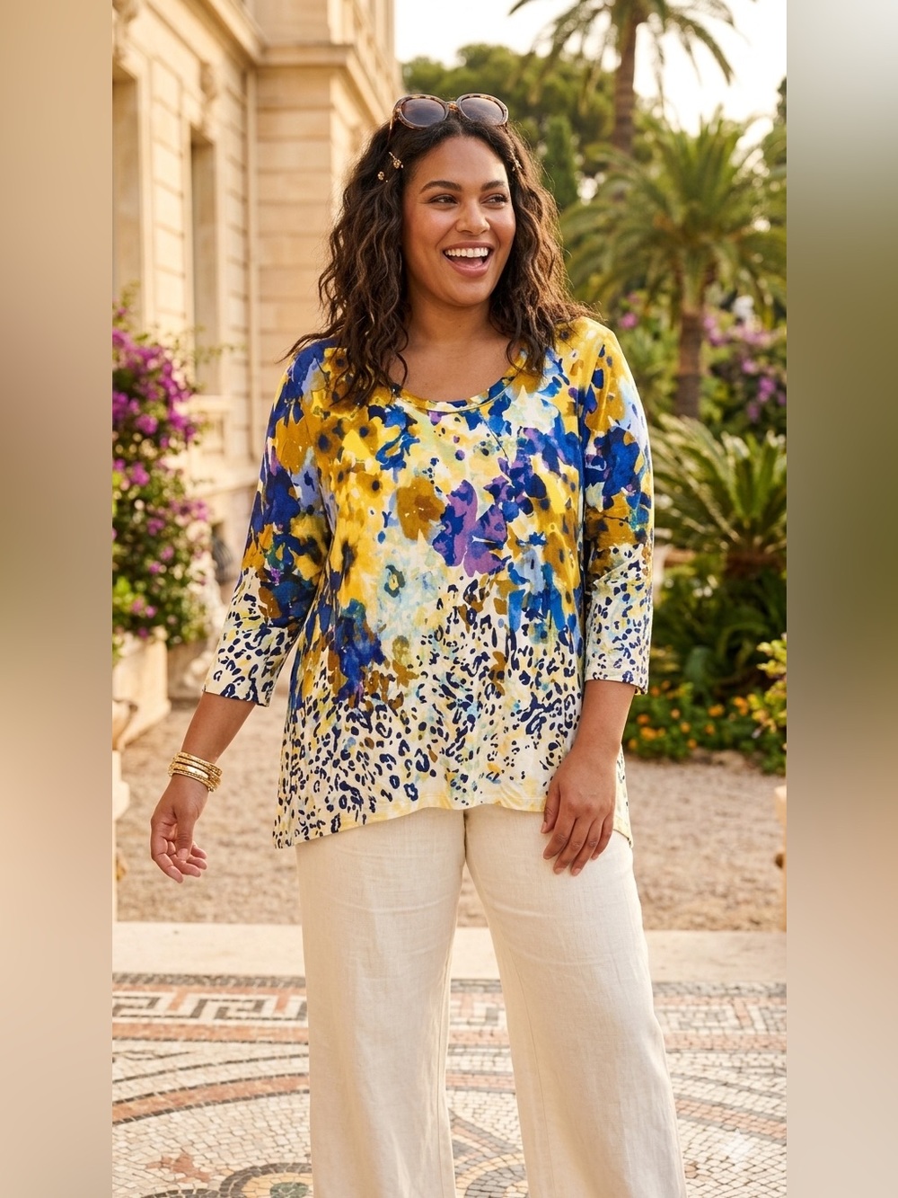 SIZE 1X LOGO® by Lori Goldstein NEW Mixed Print 3/4 Sleeve Knit Top